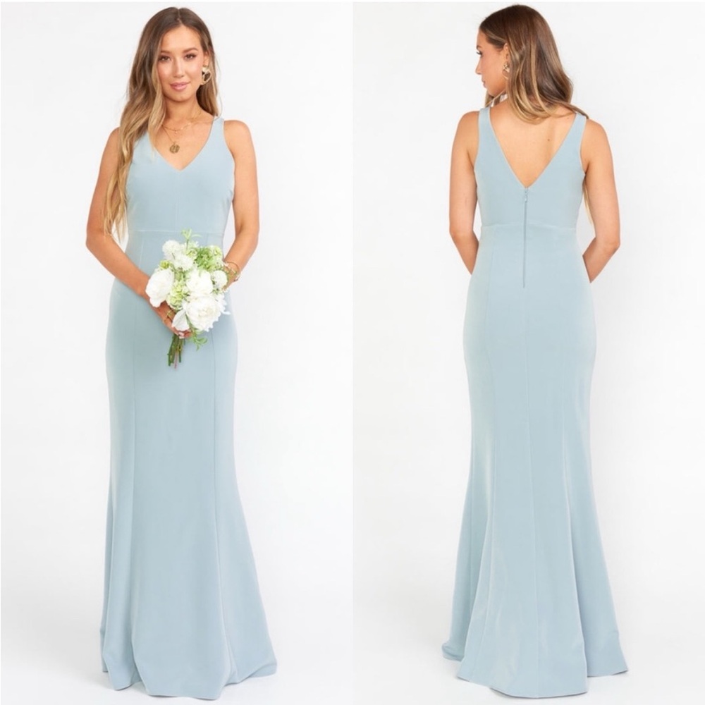NWT Show Me Your Mumu Morgan Gown in Silver Sage Stretch Crepe Sz Medium